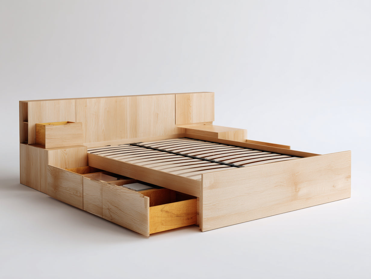 Doppelbett Holz 220x180x100 cm Natur für Schlafzimmer - Modernes Stauraumbett mit Schubladen