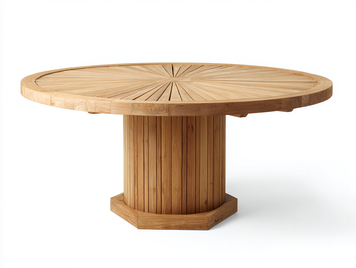 Gartentisch Holz 150x150x75 cm natur für Garten - rundes Design mit zentralem Lamellenfuß