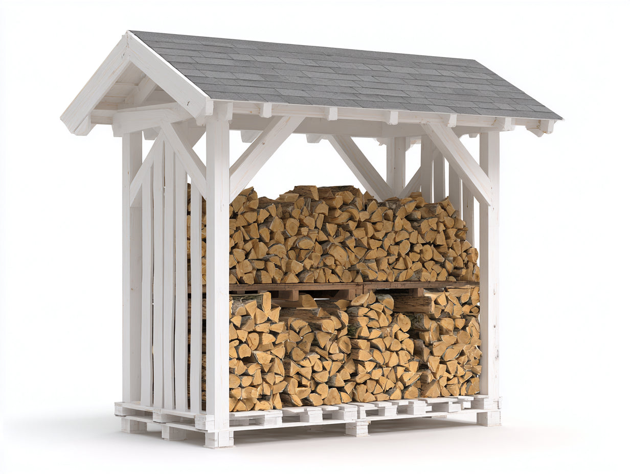 Kaminholzregal Holz 180x60x190 cm Weiß-Grau für Garten - Offenes Design mit Schrägdach