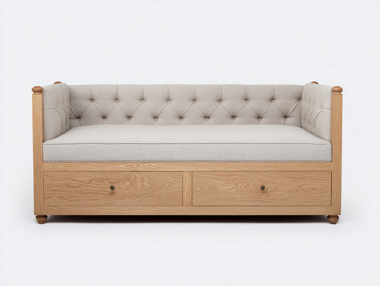 Schlafsofa Holz 205x90x88 cm Natur-Beige für Wohnzimmer - Klassisches Design mit Schubladen