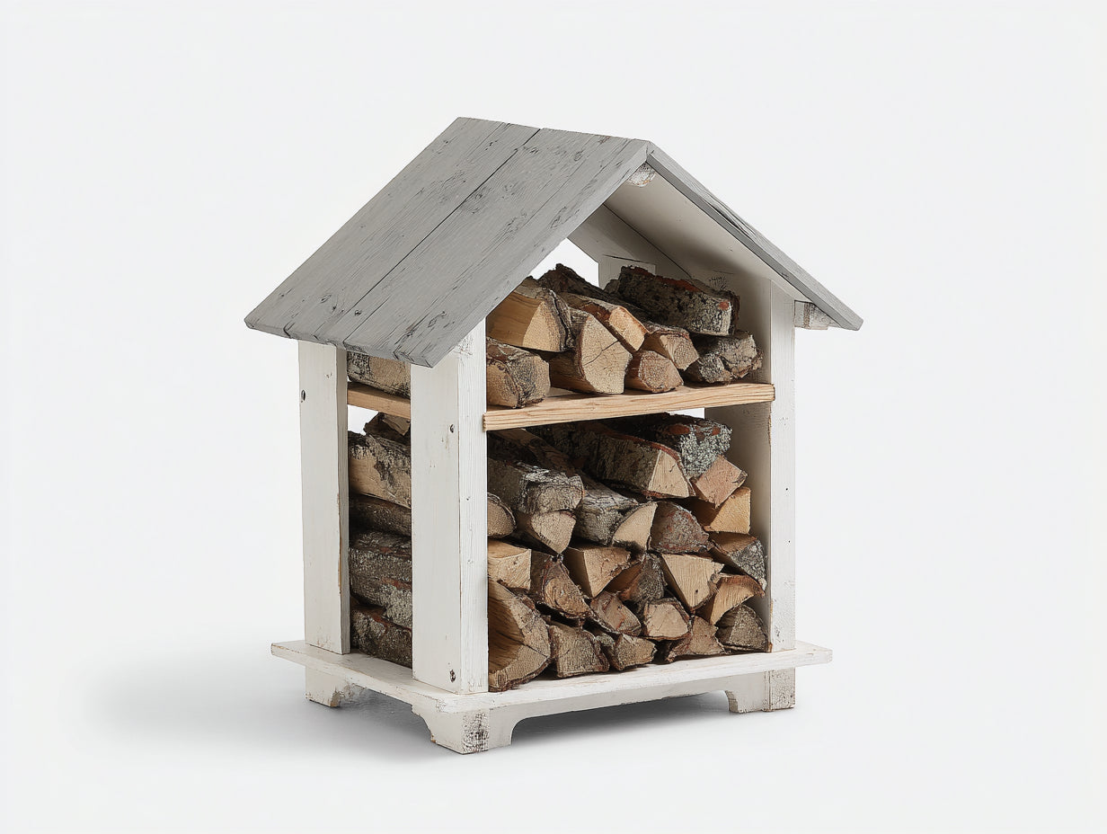 Kaminholzregal Holz 90x45x120 cm Weiß-Grau für Garten - Hausform mit Schrägdach